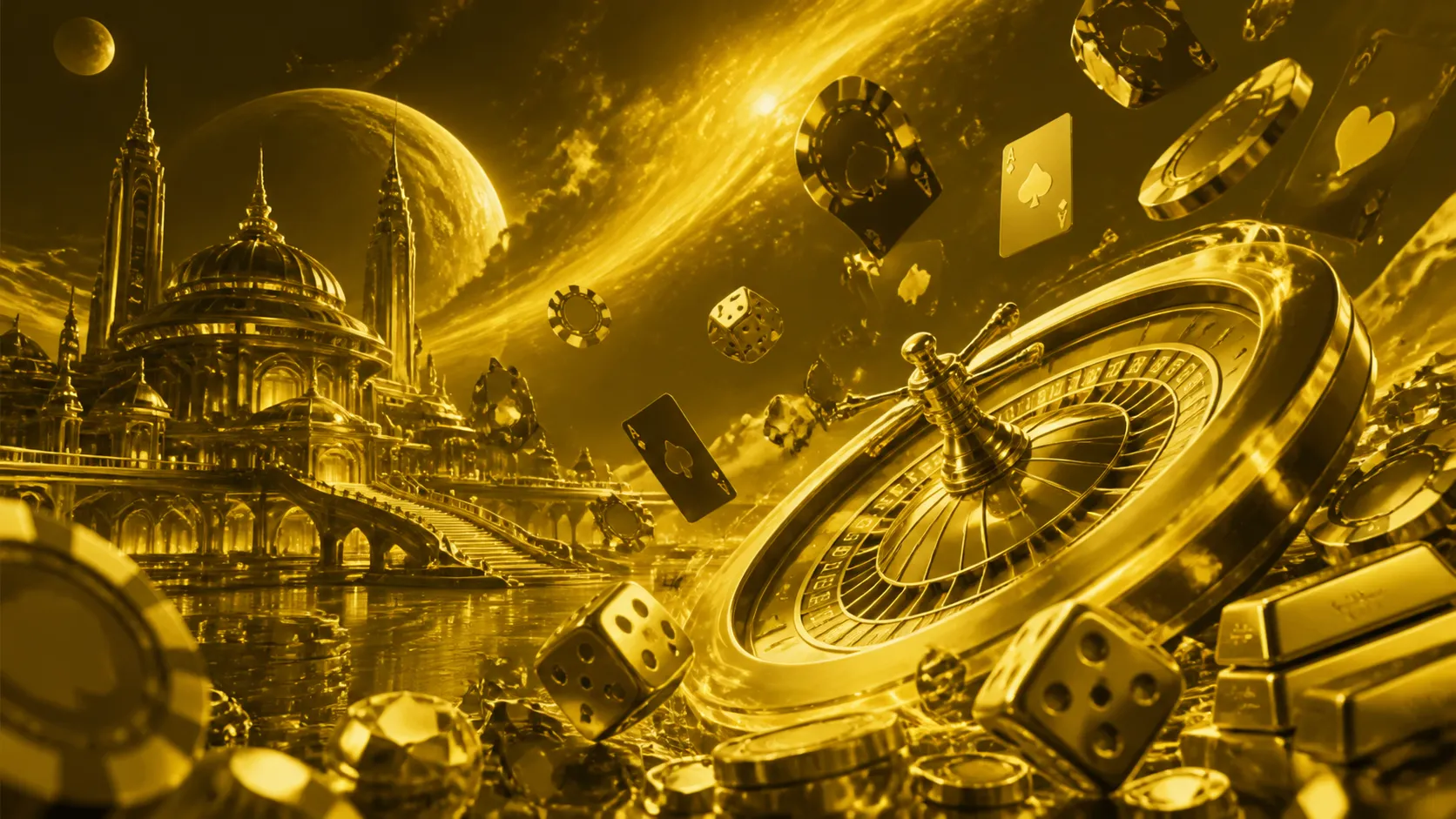 Glossy 3D isometric render featuring floating poker chips and glowing dice, set against a luxury casino atmosphere.